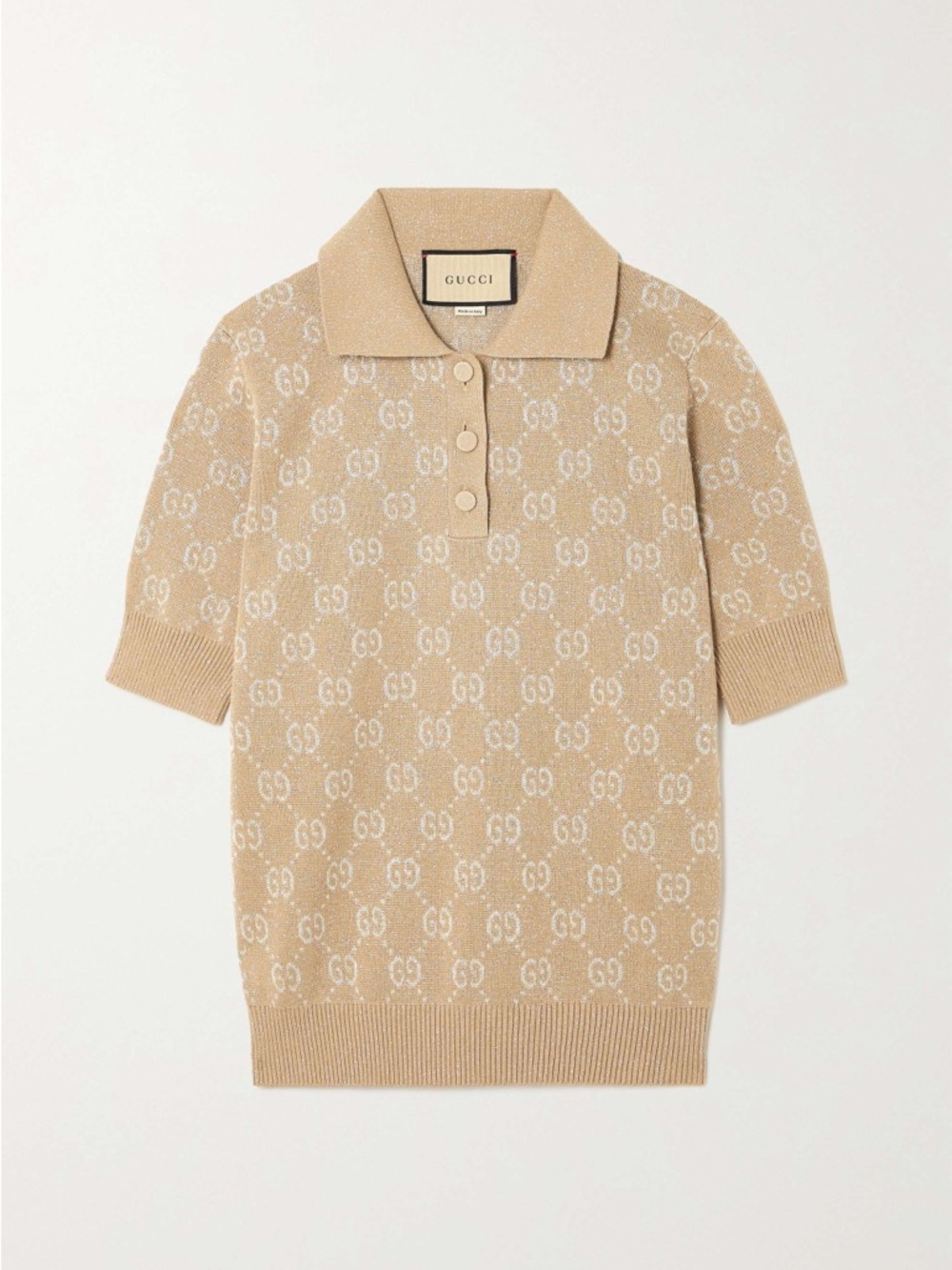 GUCCI Cotton Glitter Jacquard
Lamé Logo Knit Polo Top 44 IT